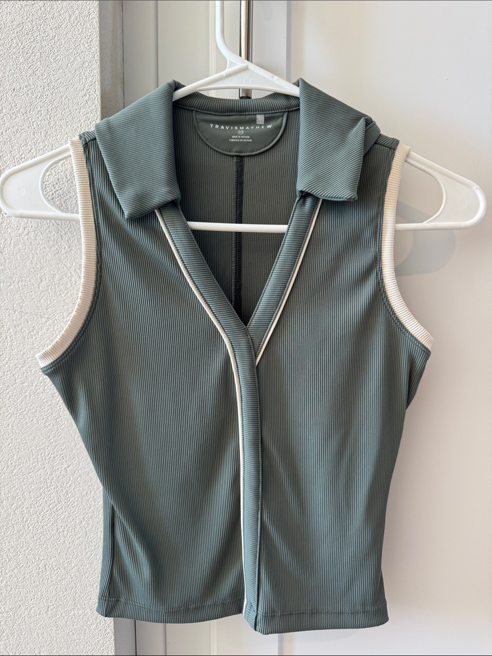 Travis Mathew Sleeveless Polo Tank in Sage with Cream Trim